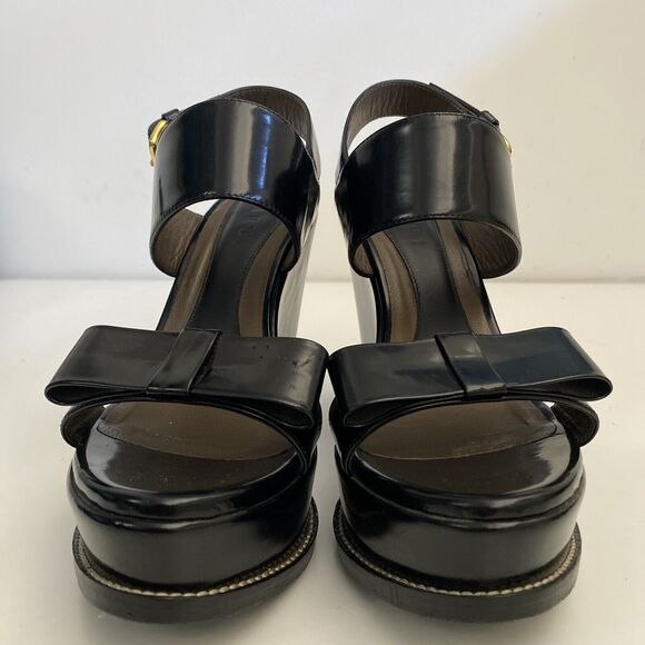 MARNI Sandal Wedge Open Toe Platform Ankle Strap Bow Black Leather 8 - Picture 9 of 10